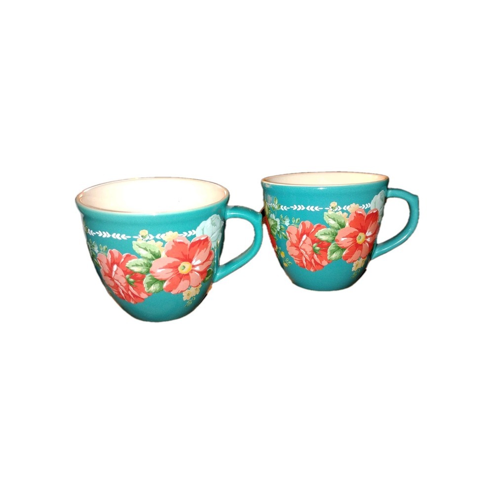 The Pioneer‎ Woman Mug Set Floral 2 Pc 16 fl oz Teal Coffee Cup Stoneware
